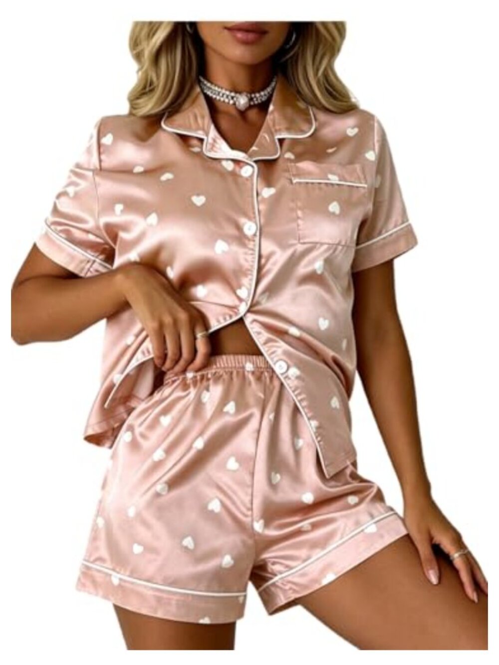 Satin Heart Print Pajama Set Button Down Short Sleeve Shorts